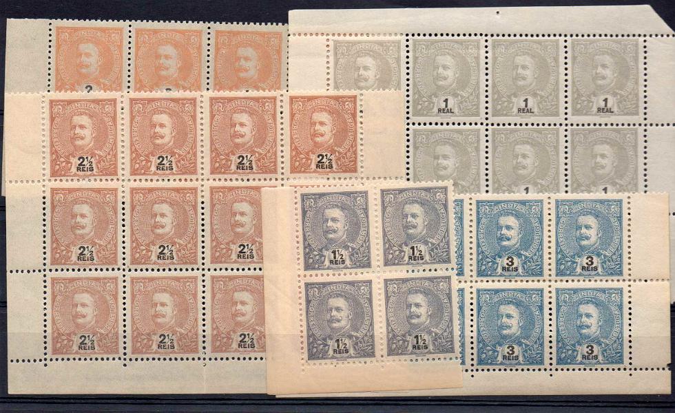 1178.jpg -     Lote:    1178            Índia       Descrição:         1903 &mdash; D. Carlos I Mouchon. Lote composto por: Bloco de 12 selos de 1 real CE185 + + quadra de 1 &frac12; reis CE186 + bloco de 8 selos de 2 reis CE187 + Bloco de 12 selos de 2 &frac12; reis CE188 e bloco de 8 selos de 3 reis CE189. Valor de catálogo &euro; 40,00.        ***       Valor Base:     &euro; 10,00     Valor Venda:     Retirado     