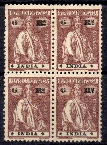 1181.jpg -     Lote:    1181            Índia       Descrição:         1914 &mdash; Ceres. CE261, 6 reis castanho, denteado 12x11 &frac12;, papel liso. Quadra com estrelas grandes e perfeitas posições III/IV. Valor de catálogo &euro; 72,00.        *       Valor Base:     &euro; 15,00     Valor Venda:     Retirado     