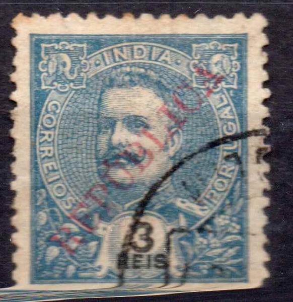 1183.jpg -     Lote:    1183            Índia       Descrição:         1914 &mdash; D. Carlos I Mouchon, com sobrecarga REPUBLICA tipografada localmente. NÃO CATALOGADO. 3 reis azul. B e R.        O       Valor Base:     &euro; 10,00     Valor Venda:     &euro; 18,00     