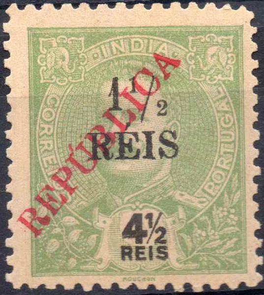 1187.jpg -     Lote:    1187            Índia       Descrição:         1914 &mdash; D. Carlos I, com sobrecarga REPUBLICA local e sobretaxa. NÃO CATALOGADO. 1 &frac12; reis s/ 4 &frac12; reis verde.        *       Valor Base:     &euro; 15,00     Valor Venda:     &euro; 22,00     