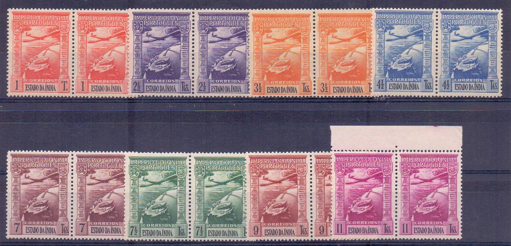 1193.jpg -     Lote:    1193            Índia       Descrição:         1938 &mdash; Império Colonial Português * Correio Aéreo. CE CA1/8. Série completa em pares. Valor de catálogo &euro; 130,00.        ***       Valor Base:     &euro; 25,00     Valor Venda:     &euro; 25,00     