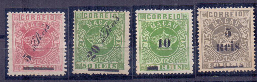 1198.jpg -     Lote:    1198            Macau       Descrição:         1885/87 &mdash; Tipo Coroa com sobretaxa: CE11, 5 s/ 25 reis, denteado 12 &frac12;; CE14, 20 s/s50 reis, com sobretaxa deslocada; CE23, 10 s/ 50 reis, denteado 13 &frac12;; CE24, 5 s/ 80 reis, denteado 13 &frac12;. Valor de catálogo &euro; 112,00.        *       Valor Base:     &euro; 15,00     Valor Venda:     &euro; 48,00     