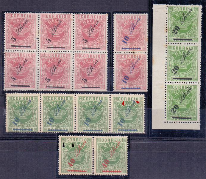 1199.jpg -     Lote:    1199            Macau       Descrição:         1885 &mdash; Tipo Coroa com sobretaxa. Lote composto por: CE11, 5 s/ 25 reis em bloco de 6 selos, denteado 12 &frac12;, sendo 4 selos com barra fina e dois com barra grossa + CE12, 10 s/ 25 reis em par vertical, denteado 12 &frac12; + CE13, 10 s/ 50 reis verde em tira horizontal de 4 selos em denteado 13 &frac12; + CE14, 20 s/ 50 reis em tira vertical de 3 selos em denteado 12 &frac12; + CE15, 40 s/ 50 reis em par horizontal, denteado 13 &frac12;. Valor de catálogo &euro; 1.756,00.        *       Valor Base:     &euro; 450,00     Valor Venda:     &euro; 1.200,00     