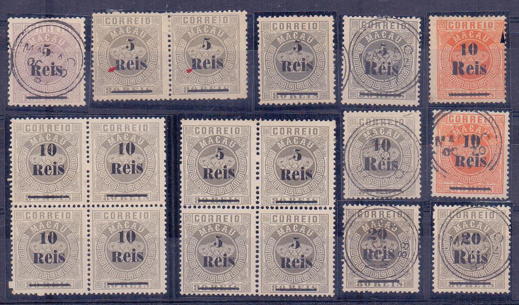 1202.jpg -     Lote:    1202            Macau       Descrição:         1887 &mdash; Tipo Coroa com sobretaxa. Série completa com variedades. CE 24/28, Lote composto por CE24, 5 s/ 80 reis em quadra nova, denteado 13 &frac12; + par horizontal novocom fenda no "R" da sobrecarga + selo em denteado 12 &frac12;, novo + selo em 13 &frac12;, usado, sobrecarga "B" + CE25, 5 s/ 100 reis, denteado 13 &frac12;, usado + CE26, 10 s/ 80 reis, em quadra, nova, denteado 13 &frac12; + selo com sobrecarga "B", usado + CE27, 10 / 200 reis, denteado 13 &frac12;, usado + selo em novo, sobrecarga "B" + CE28, 20 s/ 80 reis, denteado 13 &frac12;, usado + selo em 13 &frac12;, sobrecarga "B" em novo. Valor de catálogo &euro; 1.580,00.          */O       Valor Base:     &euro; 400,00     Valor Venda:     &euro; 1.000,00     
