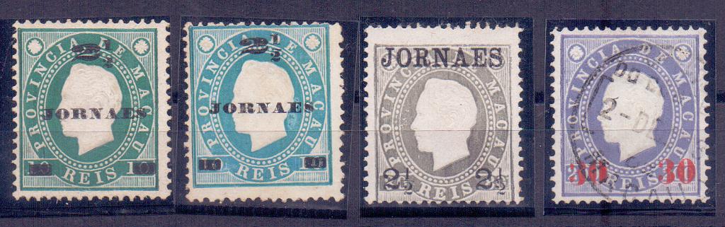 1204.jpg -     Lote:    1204            Macau       Descrição:         1892/93 &mdash; D. Luís I, com sobretaxa. CE42, 2 &frac12;  s/ 10 reis (2), novos, denteado 12 &frac12;, um verde azul e outro azul + CE44, 2 &frac12; / 80 reis, novo, denteado 13 &frac12;, com ligeira falta de papel + CE45, 30 / 200 reis, 12 &frac12;, usado. Valor de catálogo &euro; 146,00.        */O       Valor Base:     &euro; 12,00     Valor Venda:     &euro; 16,00     