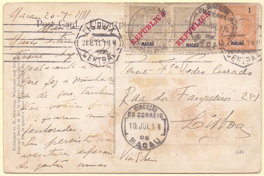 1207.jpg -     Lote:    1207            Macau       Descrição:         1898/1901 &mdash; D. Carlos I Mouchon. Postal ilustrado circulado de Macau (19.07.11) para Lisboa (21.08.11) com par de selos de &frac12; avo CE78 e 1 avo CE79.        PI       Valor Base:     &euro; 12,00     Valor Venda:     &euro; 40,00     