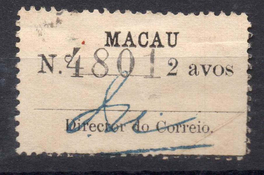 1213.jpg -     Lote:    1213            Macau       Descrição:         1911 &mdash; Tipo "Etiqueta". CE148, 2 avos preto, papel pontinhado. Valor de catálogo &euro; 600,00.        *       Valor Base:     &euro; 100,00     Valor Venda:     &euro; 100,00     