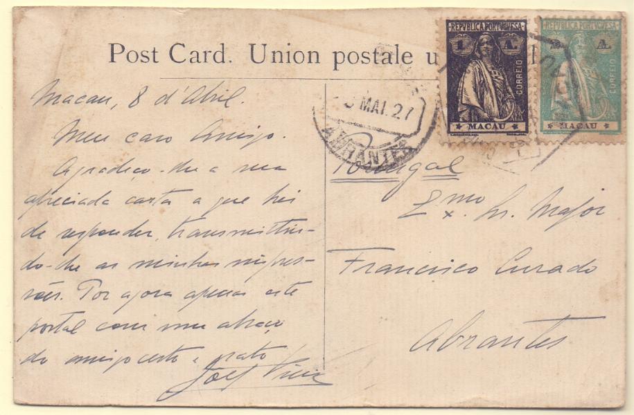 1215.jpg -     Lote:    1215            Macau       Descrição:         1914 &mdash; Ceres. Postal ilustrado circulado de Macau (08.04.27) para Abrantes (06.05.27) com selos de 1 avo CE211 e 2 avos CE212. Ambos com estrelas III/IV.        PI       Valor Base:     &euro; 12,00     Valor Venda:     &euro; 12,00     