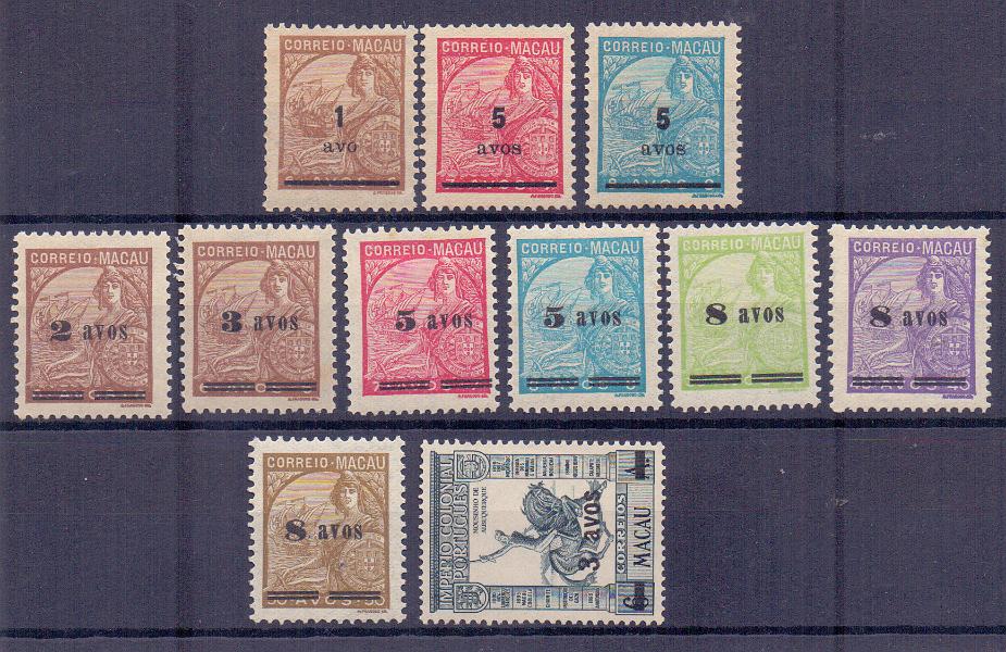 1221.jpg -     Lote:    1221            Macau       Descrição:         1940/41 &mdash; Padrões com sobretaxa + Império Colonial Português, com sobretaxa. CE306/308 + CE309/315 + CE316. As três séries completas. Valor de catálogo &euro; 215,00.        ***/**       Valor Base:     &euro; 40,00     Valor Venda:     &euro; 110,00     
