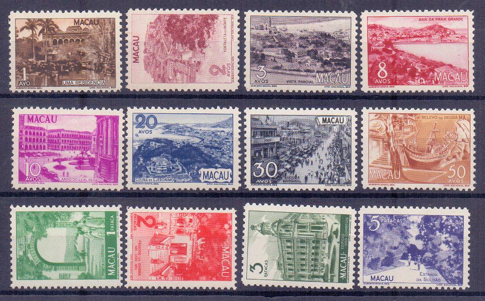 1223.jpg -     Lote:    1223            Macau       Descrição:         1948 &mdash; Motivos locais. CE327/338. Série completa com ligeiro sinal de charneira. MB. Valor de catálogo &euro; 400,00.        **       Valor Base:     &euro; 80,00     Valor Venda:     &euro; 170,00     