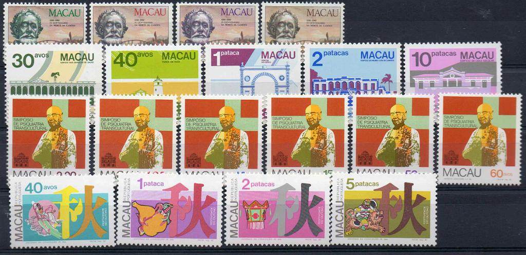 1232.jpg -     Lote:    1232            Macau       Descrição:         1981/82 &mdash; Centenário da Morte de Camões + Simpósio Psiquiatria + Edifícios Públicos de Macau + Festividade do Outono. CE450/468. As quatro séries completas. Valor de catálogo &euro; 73,00.        ***       Valor Base:     &euro; 15,00     Valor Venda:     &euro; 22,00     