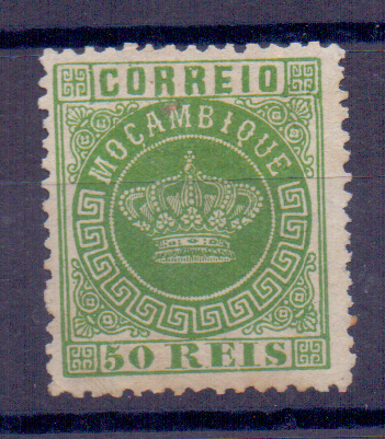 1243.jpg -     Lote:    1243            Moçambique       Descrição:         1876 &mdash; Tipo Coroa. CE6, 50 reis verde, denteado 12 &frac12;. Valor de catálogo &euro; 450,00.        *       Valor Base:     &euro; 50,00     Valor Venda:     Retirado     