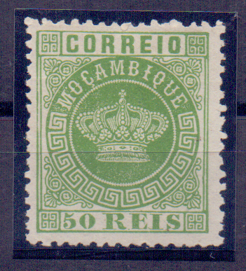 1244.jpg -     Lote:    1244            Moçambique       Descrição:         1876 &mdash; Tipo Coroa. CE6, 50 reis verde, denteado 12 &frac12;. Valor de catálogo &euro; 450,00.        *       Valor Base:     &euro; 80,00     Valor Venda:     Retirado     