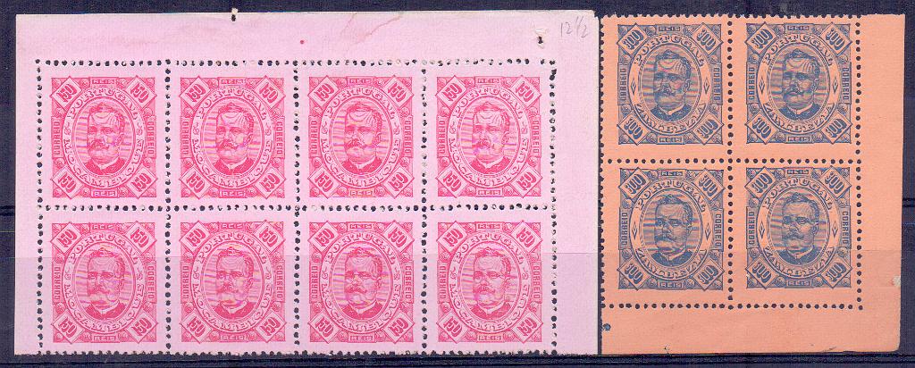 1246.jpg -     Lote:    1246            Moçambique       Descrição:         1893/4, D. Carlos I Diogo Neto. Lote composto por bloco de 8 selos de150 reis, CE 38 de Moçambique + quadra de 300 reis CE13 da Zambézia em denteado 13 &frac12;. Valor de catálogo &euro; 260,00.        *       Valor Base:     &euro; 35,00     Valor Venda:     Retirado     