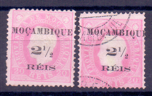 1248.jpg -     Lote:    1248            Moçambique       Descrição:         1898 &mdash; D. Luís I, fita direita, com sobretaxa. CE51, 2 &frac12; reis s/ 20 reis. Sobrecarga 1. Lote de dois selos, um novo (um dente curto) e outro usado. Valor de catálogo &euro; 140,00.        */O       Valor Base:     &euro; 20,00     Valor Venda:     Retirado     