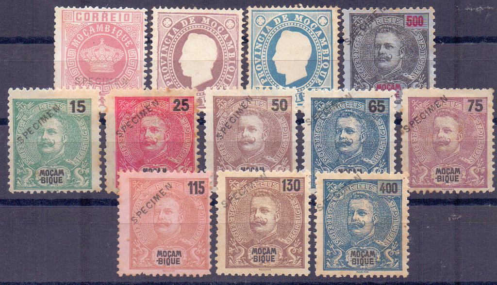 1250.jpg -     Lote:    1250            Moçambique       Descrição:         Lote com 12 selos: Tipo Coroa, CE 4, com "Specimen"; D. Luís I, CE 19 e 20, reimpressões 1905; D. Carlos, 500 reis, CE 66 + D. Carlos I Mouchon de 1903 (15 a 400 reis), CE 94/101, todos com sobrecarga "Specimen" oblíquo. Alguns pequenos defeitos. Lote a ver.        *       Valor Base:     &euro; 12,00     Valor Venda:     &euro; 90,00     