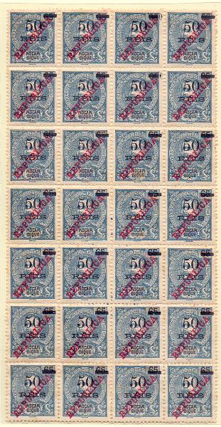 1253.jpg -     Lote:    1253            Moçambique       Descrição:         1915 &mdash; D. Carlos I, de 1905, com sobretaxa. CE188, 50 s/ 65 reis. Folha completa com 28 selos. Variedades "5" fendido tipo I no selo 14 + tipo II no selo 22 + tipo não catalogado no 2.º selo (5 fendido na curvatura inferior), Valor de catálogo &euro; 106,00.        *       Valor Base:     &euro; 30,00     Valor Venda:     &euro; 42,00     