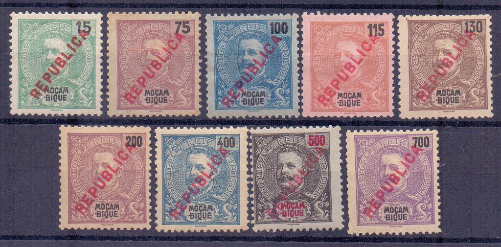 1254.jpg -     Lote:    1254            Moçambique       Descrição:         1917 &mdash; D. Carlos I, com sobrecarga REPUBLICA local. CE190, 193/200. Série incompleta. Valor de catálogo &euro; 252,00.        **/*       Valor Base:     &euro; 30,00     Valor Venda:     &euro; 50,00     