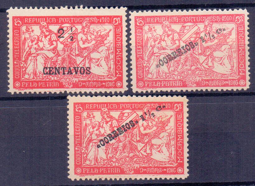 1256.jpg -     Lote:    1256            Moçambique       Descrição:         1918/20 &mdash; Taxa de Guerra, com sobretaxa. Lote de dois selos: um de 2 &frac12; c s/ 5c CE204, com variedade PETRIA + CE202, 1 &frac12; c s/ 5c com variedade "TELFGRAFO" + idem com variedade "PÉTRIA". Valor de catálogo &euro;25,00        ***       Valor Base:     &euro; 15,00     Valor Venda:     &euro; 15,00     