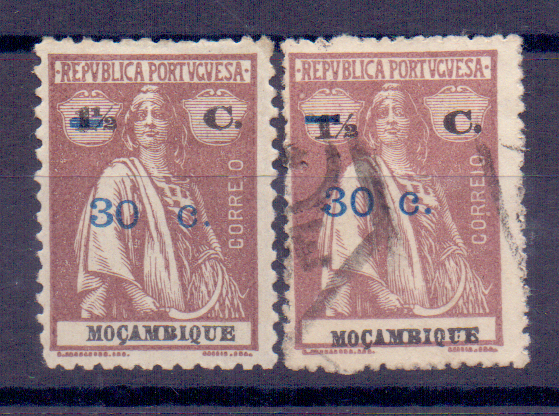 1259.jpg -     Lote:    1259            Moçambique       Descrição:         192&frac12;2 &mdash; Tipo Ceres, com sobretaxa. CE235, 30c s/ 1 &frac12; c castanho. Um selo novo e outro usado, em denteado 12x11 &frac12;. NÃO CATALOGADO, neste denteado.        */O       Valor Base:     &euro; 12,00     Valor Venda:     &euro; 22,00     