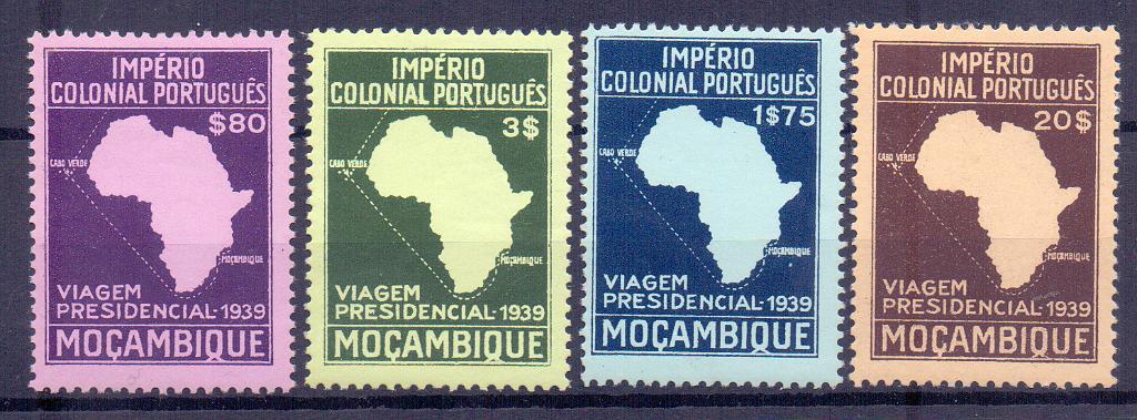 1262.jpg -     Lote:    1262            Moçambique       Descrição:         1939 &mdash; Segunda Viagem Presidencial às Colónias. CE308/311. Valor de catálogo &euro; 350,00. MB.        ***       Valor Base:     &euro; 70,00     Valor Venda:     &euro; 140,00     