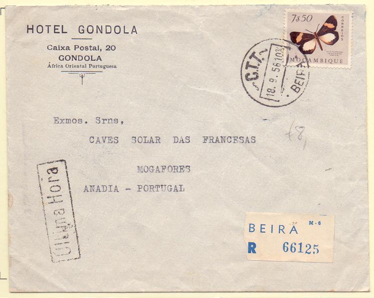 1269.jpg -     Lote:    1269            Moçambique       Descrição:         1953 &mdash; Borboletas de Moçambique. CE405, 7$50 em sobrescrito circulado registado da beira (18.09.56) para Mogofores (21.09.56) com taxa de última hora. Carimbo batido a preto "ÚLTIMA HORA".        Carta       Valor Base:     &euro; 30,00     Valor Venda:     Retirado     