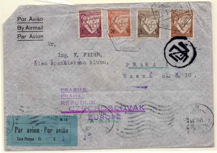 1271.jpg -     Lote:    1271            Moçambique       Descrição:         1937 &mdash; Lusíadas + Sobretaxa do correio aéreo. Sobrescrito circulado por via aérea de L. Marques (23.03.37) para Praga (05.04.37) com trânsito por Atenas (02.04.37) com selos de 1c, 5c, 70c e 1E CE270, 71, 280 e 283 + etiqueta M-13 CE SCA6 com o porte aéreo manuscrito de 2,10f.        Carta       Valor Base:     &euro; 45,00     Valor Venda:     &euro; 45,00     