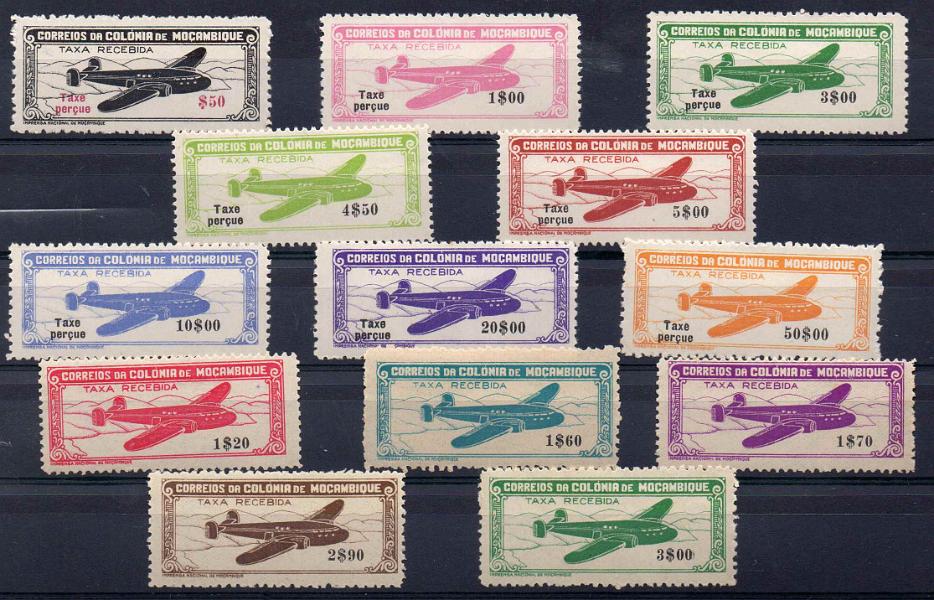 1272.jpg -     Lote:    1272            Moçambique       Descrição:         1946/47 &mdash; Avião + Avião, com legenda Taxe Perçue. CE CA11/15 + CE CA16/23. As duas séries completas. Valor de catálogo &euro; 241,00.        **       Valor Base:     &euro; 40,00     Valor Venda:     &euro; 40,00     