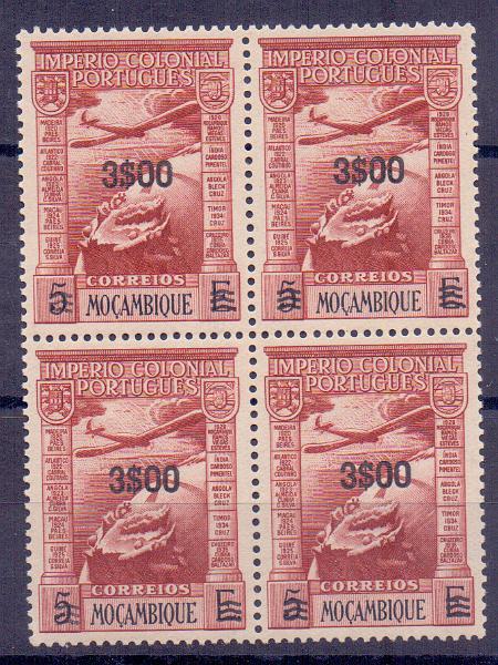 1274.jpg -     Lote:    1274            Moçambique       Descrição:         1949 &mdash; Império Colonial Português, com sobretaxa. CE CA10, 3$00 s/ 5E. Quadra. Valor de catálogo &euro; 132,00.        ***       Valor Base:     &euro; 20,00     Valor Venda:     &euro; 20,00     