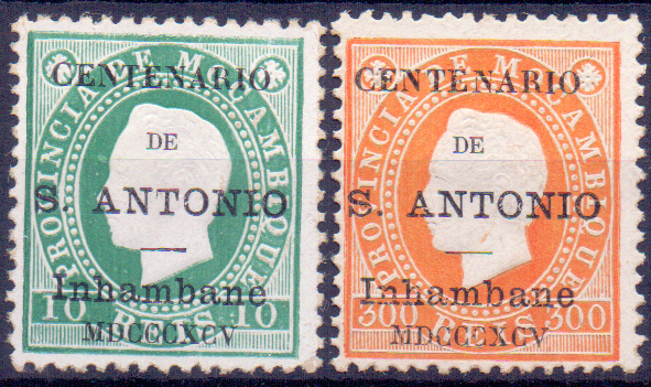 1279.jpg -     Lote:    1279            Inhambane       Descrição:         1895 &mdash; D. Luís I. Selos de Moçambique, com sobrecarga "Centenário de S. António". CE2 e 9, 10 e 300 reis. Valor de catálogo &euro; 238,00.        *       Valor Base:     &euro; 45,00     Valor Venda:     &euro; 115,00     
