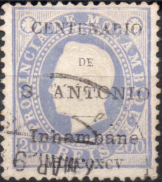 1280.jpg -     Lote:    1280            Inhambane       Descrição:         1895 &mdash; Selos de D. Luís I fita direita de Moçambique, com sobrecarga "Centenário de S. António". CE8, 200 reis azul violeta. Valor de catálogo &euro; 127,00.        O       Valor Base:     &euro; 25,00     Valor Venda:     Retirado     