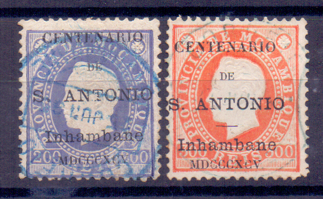 1281.jpg -     Lote:    1281            Inhambane       Descrição:         1895 &mdash; Selos de D. Luís I, de Moçambique, com a sobrecarga do "Centenário de S. António". Lote de dois selos de 200 e 300 reis CE8/9. Valor de catálogo &euro; 254,00.        O       Valor Base:     &euro; 50,00     Valor Venda:     &euro; 50,00     