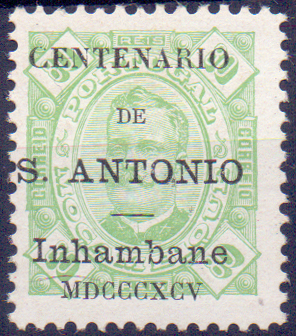1283.jpg -     Lote:    1283            Inhambane       Descrição:         1895 &mdash; D. Carlos I. Selos de Moçambique, com sobrecarga "Centenário de S. António". CE12, 80 reis. Valor de catálogo &euro; 127,00.        *       Valor Base:     &euro; 22,00     Valor Venda:     &euro; 55,00     