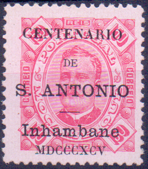 1284.jpg -     Lote:    1284            Inhambane       Descrição:         1895 &mdash; D. Carlos I. Selos de Moçambique, com sobrecarga "Centenário de S. António". CE14, 150 reis. Valor de catálogo &euro; 187,00.        *       Valor Base:     &euro; 35,00     Valor Venda:     &euro; 160,00     