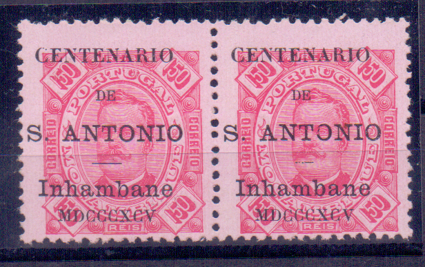 1285.jpg -     Lote:    1285            Inhambane       Descrição:         1895 &mdash; D. Carlos Selos de Moçambique com sobretaxa do "Centenário de Santo António. CE14, 150 reis. Par horizontal. Valor de catálogo &euro; 374,00.        *       Valor Base:     &euro; 60,00     Valor Venda:     &euro; 70,00     