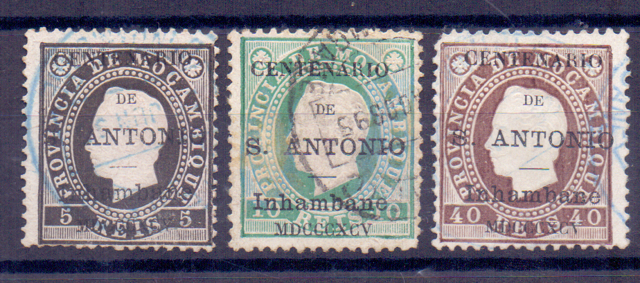 1286.jpg -     Lote:    1286            Inhambane       Descrição:         1895 &mdash; Selos de D. Luís I, de Moçambique, com a sobrecarga do "Centenário de S. António". Lote com três selos de 5, 10 e 40 reis CE1, 2 e 5. Valor de catálogo &euro; 168,00.        O       Valor Base:     &euro; 30,00     Valor Venda:     Retirado     