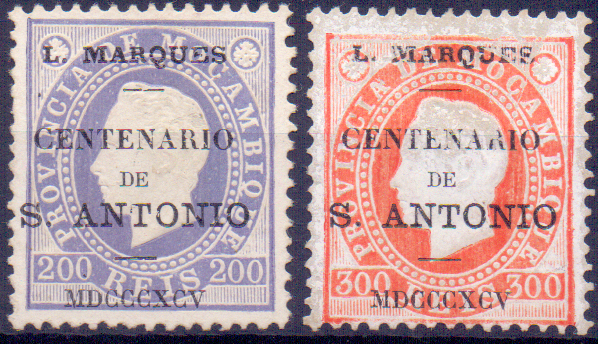 1291.jpg -     Lote:    1291            Lourenço Marques       Descrição:         1895 &mdash; D. Luís I. Selos de Moçambique, com sobrecarga "Centenário de S. António". CE2&frac12;2, 200 e 300 reis. Valor de catálogo &euro; 164,00.        *       Valor Base:     &euro; 30,00     Valor Venda:     &euro; 70,00     