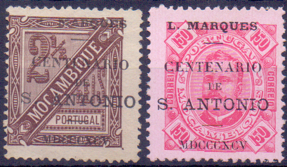 1292.jpg -     Lote:    1292            Lourenço Marques       Descrição:         1895 &mdash; D. Carlos I. Selos de Moçambique, com sobrecarga "Centenário de S. António". CE23 e 30, 2 &frac12; reis e 150 reis. Valor de catálogo &euro; 77,00.        *       Valor Base:     &euro; 15,00     Valor Venda:     &euro; 28,00     