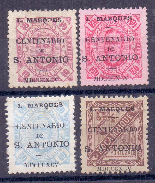 1293.jpg -     Lote:    1293            Lourenço Marques       Descrição:         1895 &mdash; Selos de D. Carlos I, de Moçambique, com a sobrecarga do "Centenário de S. António". Lote de 4 selos de 2 &frac12;, 10, 50 (adelgaçado e regomado) e 150 reis em CE23, 25, 26 e 30. Valor de catálogo &euro; 199,00.        *       Valor Base:     &euro; 40,00     Valor Venda:     &euro; 60,00     