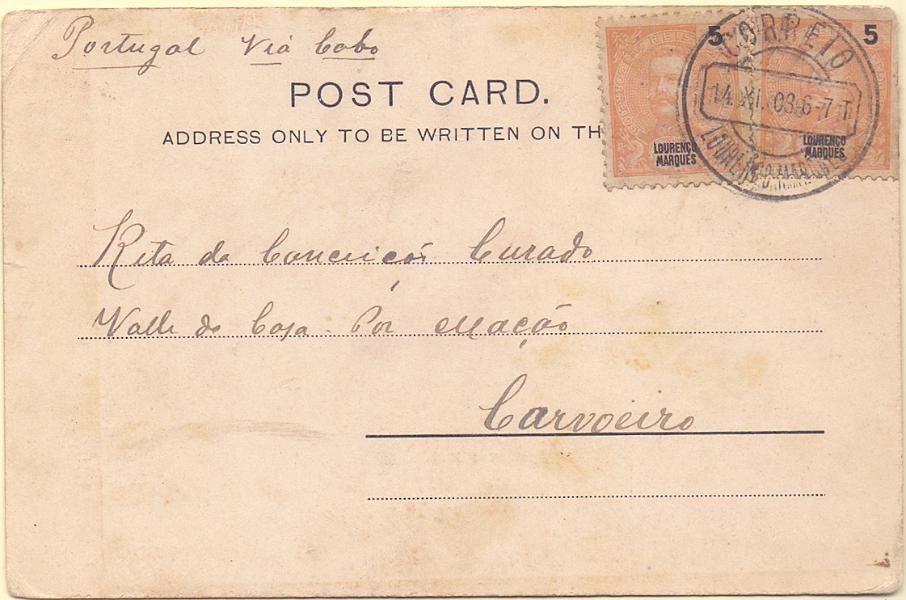 1297.jpg -     Lote:    1297            Lourenço Marques       Descrição:         1898/1901- D. Carlos I Mouchon. CE33, 5 reis laranja. Par em postal ilustrado circulado de L- Marques (14.11.03) para Carvoeiro.        PI       Valor Base:     &euro; 8,00     Valor Venda:     Retirado     