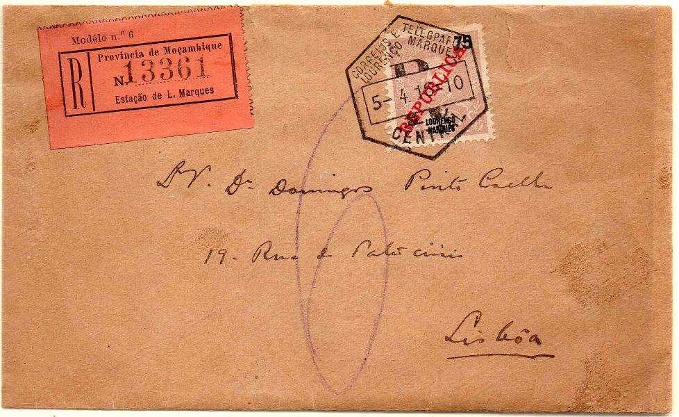1305.jpg -     Lote:    1305            Lourenço Marques       Descrição:         1911 &mdash; D. Carlos I Mouchon, com sobrecarga REPUBLICA da Casa da Moeda. Sobrescrito circulado registado de L. Marques (05.04.16) para Lisboa, com selo de 75 reis violeta castanho, CE85. MB.        Carta       Valor Base:     &euro; 20,00     Valor Venda:     Retirado     