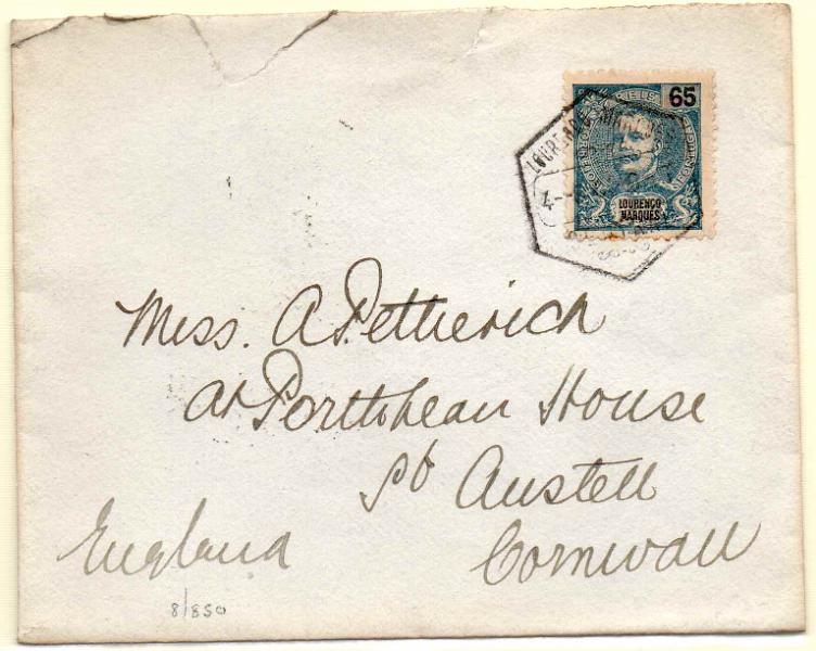 1306.jpg -     Lote:    1306            Lourenço Marques       Descrição:         1903 &mdash; D. Carlos I Mouchon. CE97, 65 reis em sobrescrito circulado de L. marques (04.07.1904) para Inglaterra (26.07.04). Muito rara a circulação deste selo. Conhecidos apenas três ou quatro exemplares circulados.        Carta       Valor Base:     &euro; 35,00     Valor Venda:     Retirado     