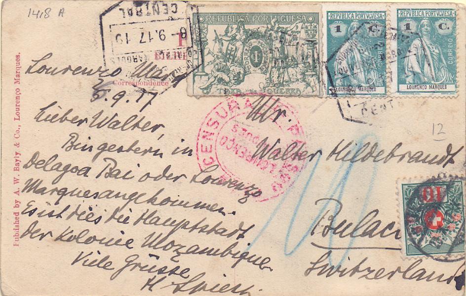 1307.jpg -     Lote:    1307            Lourenço Marques       Descrição:         1914/16 &mdash; Ceres + taxa de Guerra. Postal ilustrado circulado de L. Marques (06.09.17) para a Suíça (23.10.17) com 2 selos de 1c CE155 + selo do imposto postal de 1c CE1. Censura de Lourenço Marques batida a vermelho. Porteado em 10c por insuficiência de franquia.        PI       Valor Base:     &euro; 25,00     Valor Venda:     &euro; 50,00     