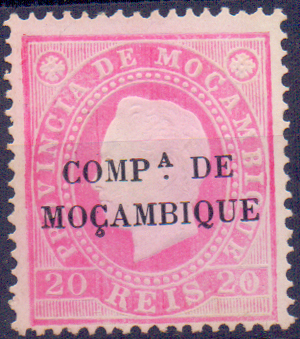 1311.jpg -     Lote:    1311            Companhia de Moçambique       Descrição:         1892 &mdash; D. Luís I. Fita direita. Selos de Moçambique com sobrecarga "COMP.ª DE MOÇAMBIQUE", CE3, 20 reis rosa, denteado 13 &frac12;, sobrecarga A. Valor de catálogo &euro; 150,00.        *       Valor Base:     &euro; 30,00     Valor Venda:     &euro; 190,00     