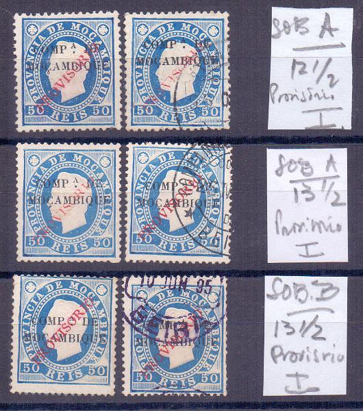 1327.jpg -     Lote:    1327            Companhia de Moçambique       Descrição:         1895 &mdash; D. Luís I, fita direita, com sobrecarga PROVISORIO. CE26, 50 reis azul. Estudo em novo e usado com variedade de denteados e sobrecarga. Total de 6 selos (sendo três novos e três usados. Valor de catálogo &euro; 54,00.        */O       Valor Base:     &euro; 12,00     Valor Venda:     &euro; 44,00     