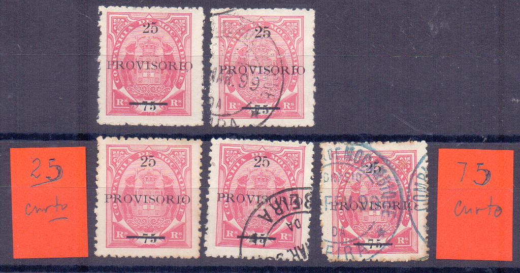 1328.jpg -     Lote:    1328            Companhia de Moçambique       Descrição:         1895/99 &mdash; Tipo Elefantes, com sobrecarga PROVISORIO e sobretaxa. CE27, 25 s/ 75 reis carmim. Lote por 5 selos: com selo novo e selo usado, selo "5" da sobretaxa "bandeira curta" + selo com "5" do valor primitivo "bandeira curta" e selo com "2" da sobretaxa, diferente. Valor de catálogo &euro; 93,00        */O       Valor Base:     &euro; 20,00     Valor Venda:     &euro; 20,00     