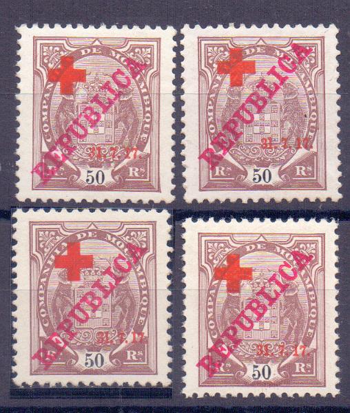 1332.jpg -     Lote:    1332            Companhia de Moçambique       Descrição:         1917 &mdash; Tipo Elefante, com REPUBLICA e sobretaxa CRUZ VERMELHA. CE110, 50 reis castanho. Estudo com selo novo e usado + "1" de "17" maior e "1" de "31" maior + selo com "5" de "50" com bandeira curta. Valor de catálogo &euro; 425,00.        **/*/O       Valor Base:     &euro; 100,00     Valor Venda:     Retirado     