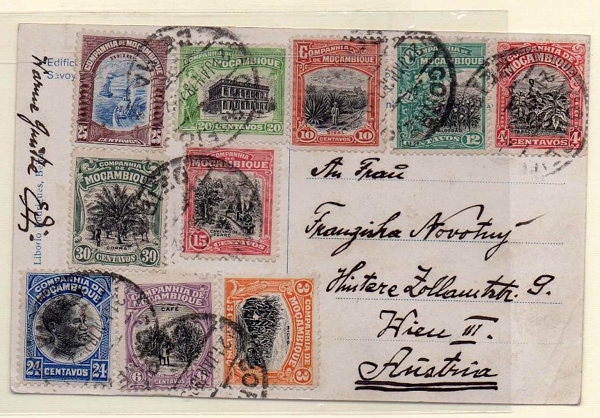 1335.jpg -     Lote:    1335            Companhia de Moçambique       Descrição:         1918/31 &mdash; Motivos diversos. Postal ilustrado circulado da Beira (21.01.29) para a Áustria com selos CE126, 127, 128, 153, 152A, 154, 155, 156, 162 e 163.        PI       Valor Base:     &euro; 20,00     Valor Venda:     Retirado     