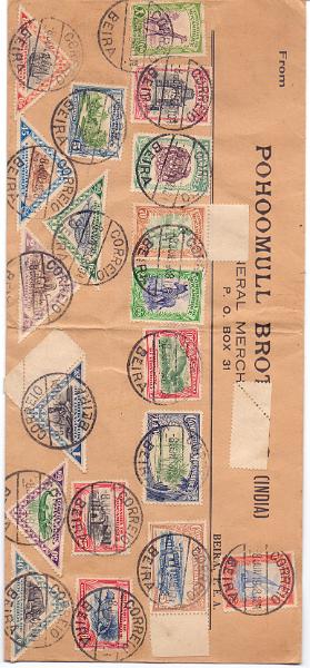 1338.jpg -     Lote:    1338            Companhia de Moçambique       Descrição:         1937 &mdash; Motivos locais. CE172/190. Série completa em sobrescrito datado da beira (08.06.38). Sobrescrito com dobra afectando o selo de 1$2º CE187.        Carta       Valor Base:     &euro; 5,00     Valor Venda:     Retirado     