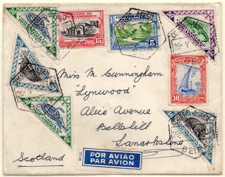 1339.jpg -     Lote:    1339            Companhia de Moçambique       Descrição:         1937 &mdash; Motivos locais. Sobrescrito circulado da Beira (28.05.39) para a Escócia com selos de: 2x5c, 10c, 2x15c, 2x30c, 4x40c e 50c CE173, 174, 175, 177, 178 e 180.        Carta       Valor Base:     &euro; 20,00     Valor Venda:     Retirado     